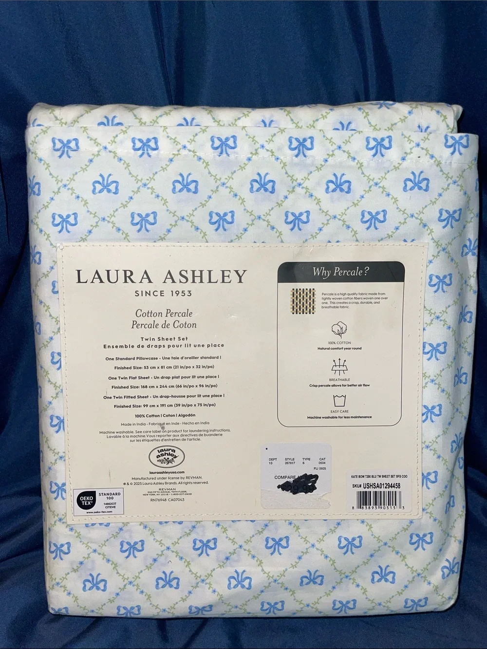 Laura Ashley Blue & White Bow Cotton Percale Twin Sheet Set